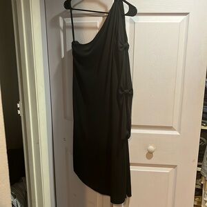 BCBG Maxazria black one shoulder dress with side slit and underdress.